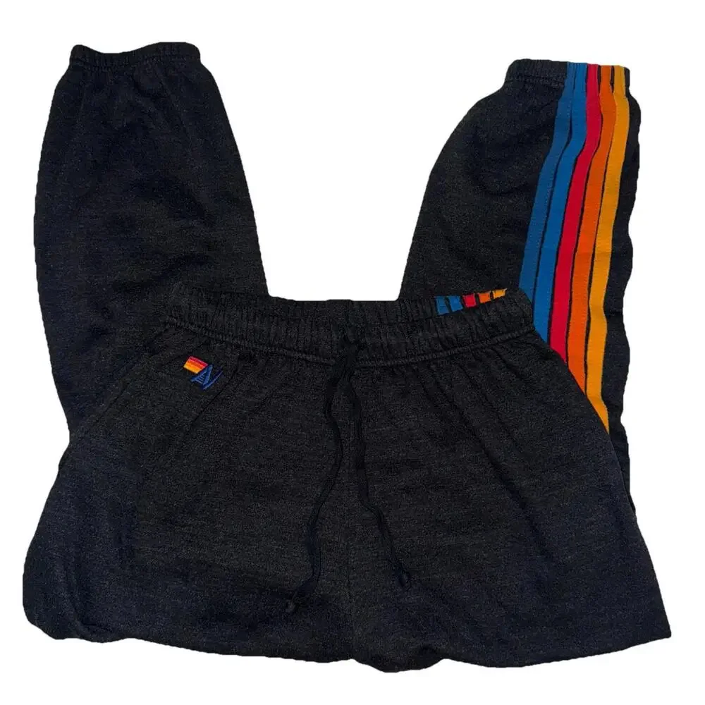 Aviator Nation Sweatpants Womens Small Black Rainbow 5-Stripe Fleece Jogger - Picture 1 of 9